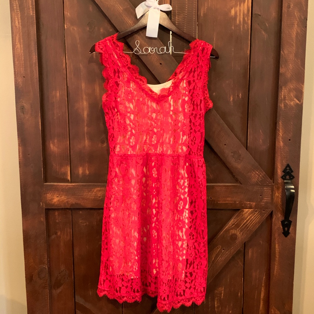 Lace red dress, with gold slip.